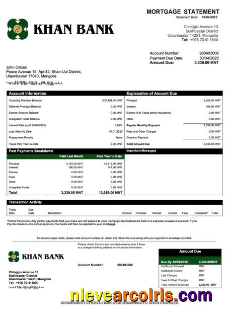 Mongolia Khan Bank mortgage statement Word and PDF template